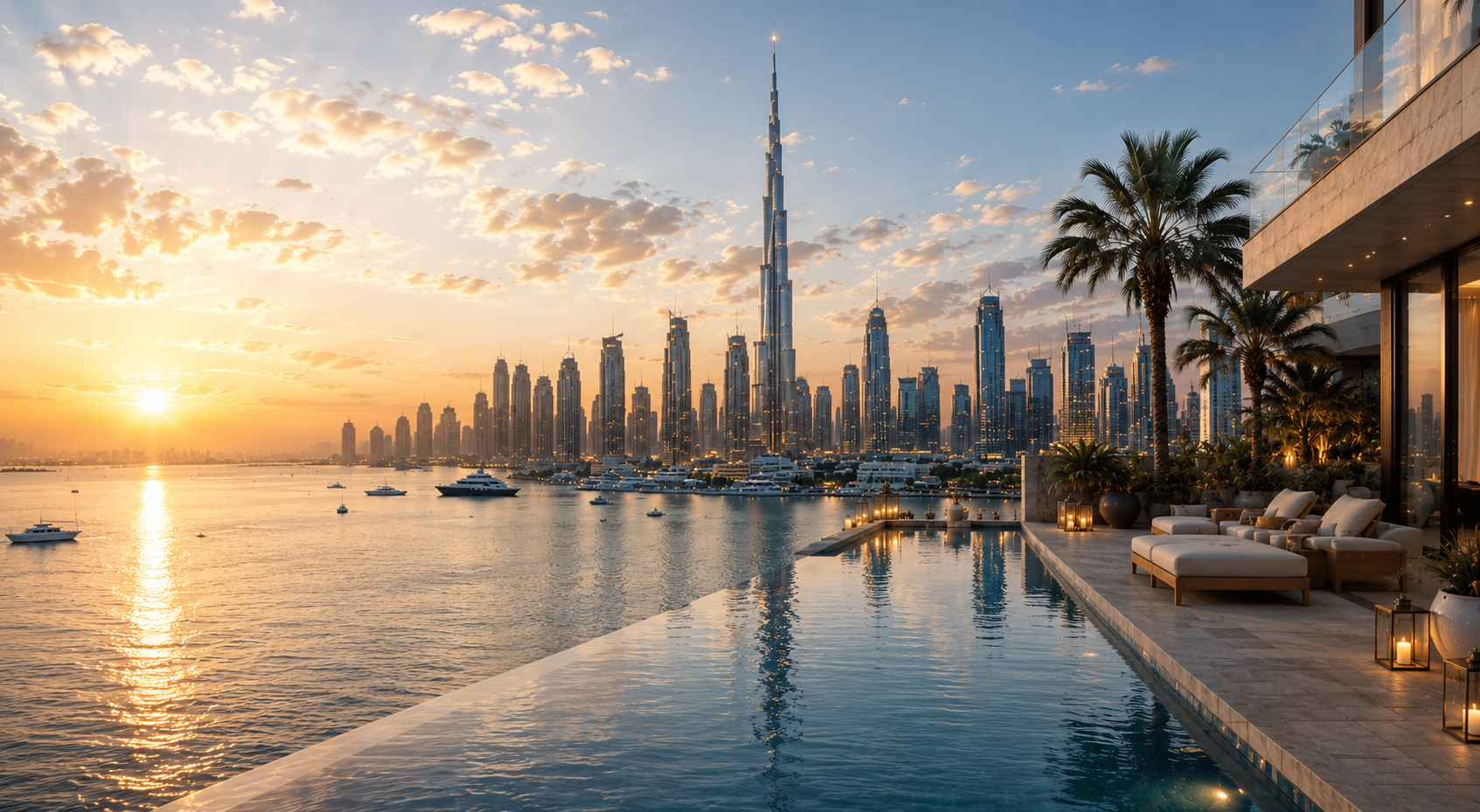 Sunset over the Dubai skyline with the Burj Khalifa, seen from a poolside terrace